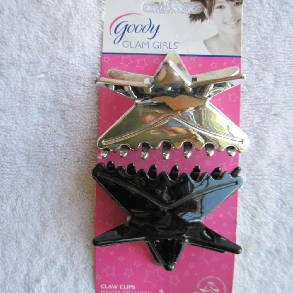 2 Goody Glam Girls Mirror Silver Shiny Black Star Jaw Claw Hair Clips Reflective